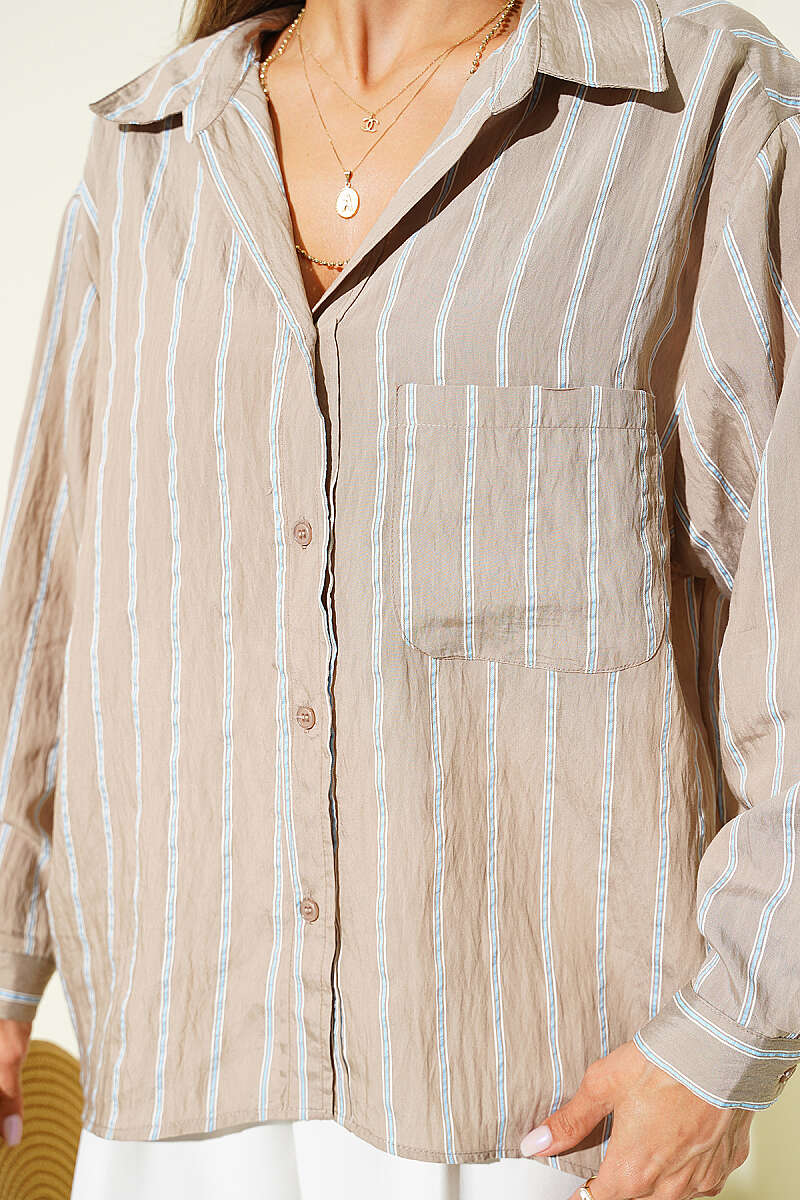 Loose Double-Stripe Shirt with Pockets - Mink