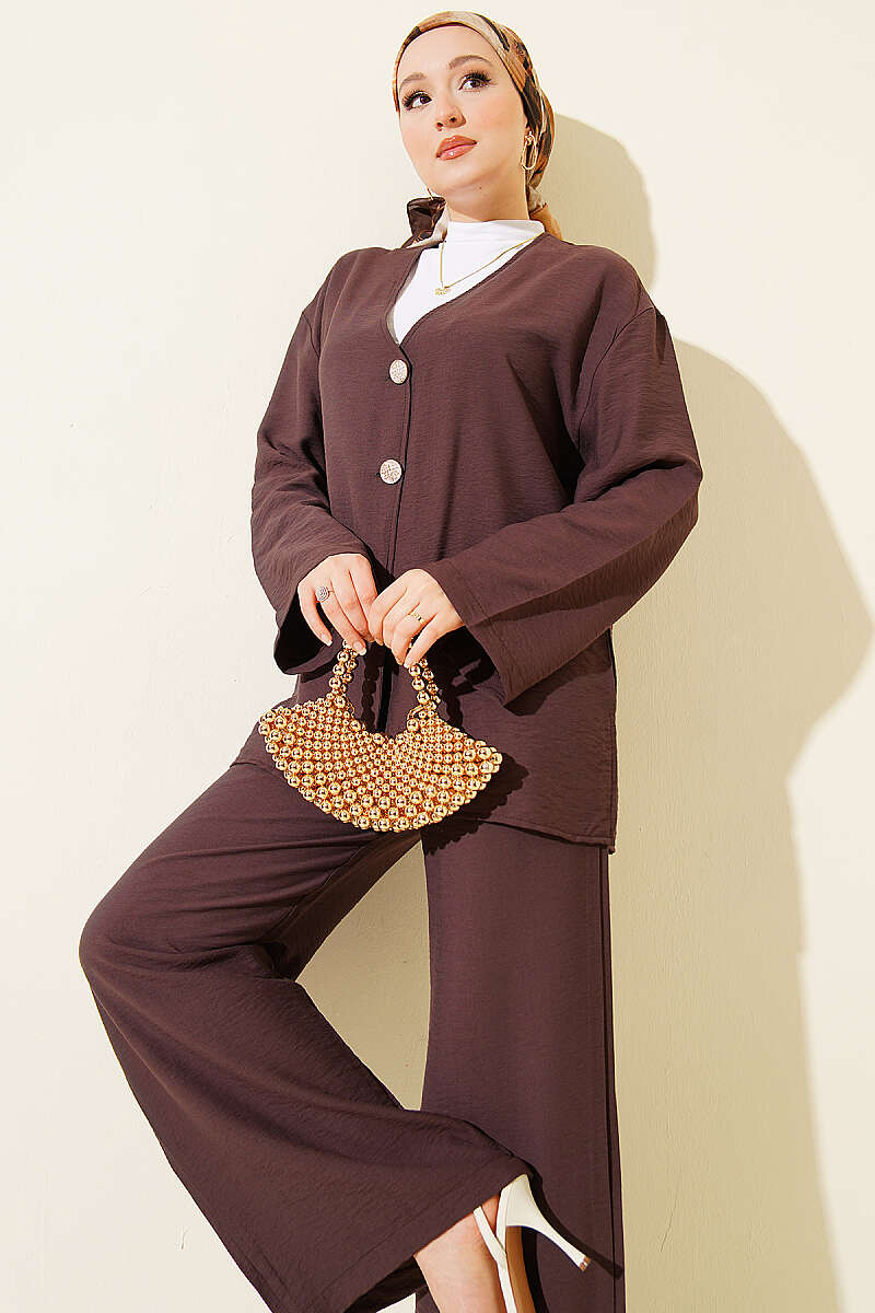 Double-Button Kimono Two-Piece Set - Brown