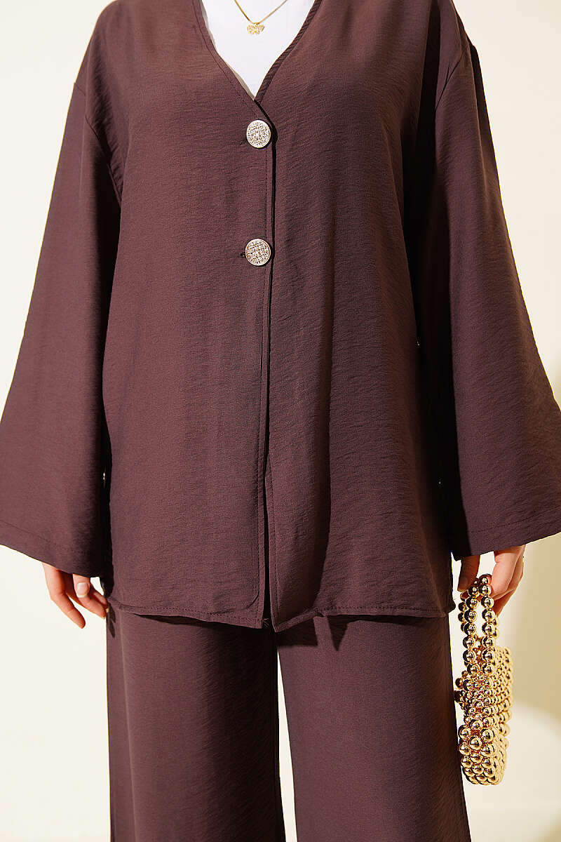 Double-Button Kimono Two-Piece Set - Brown