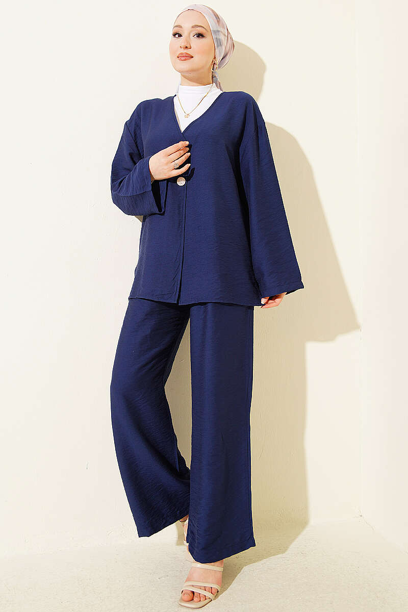 Double-Button Kimono Two-Piece Set - Navy