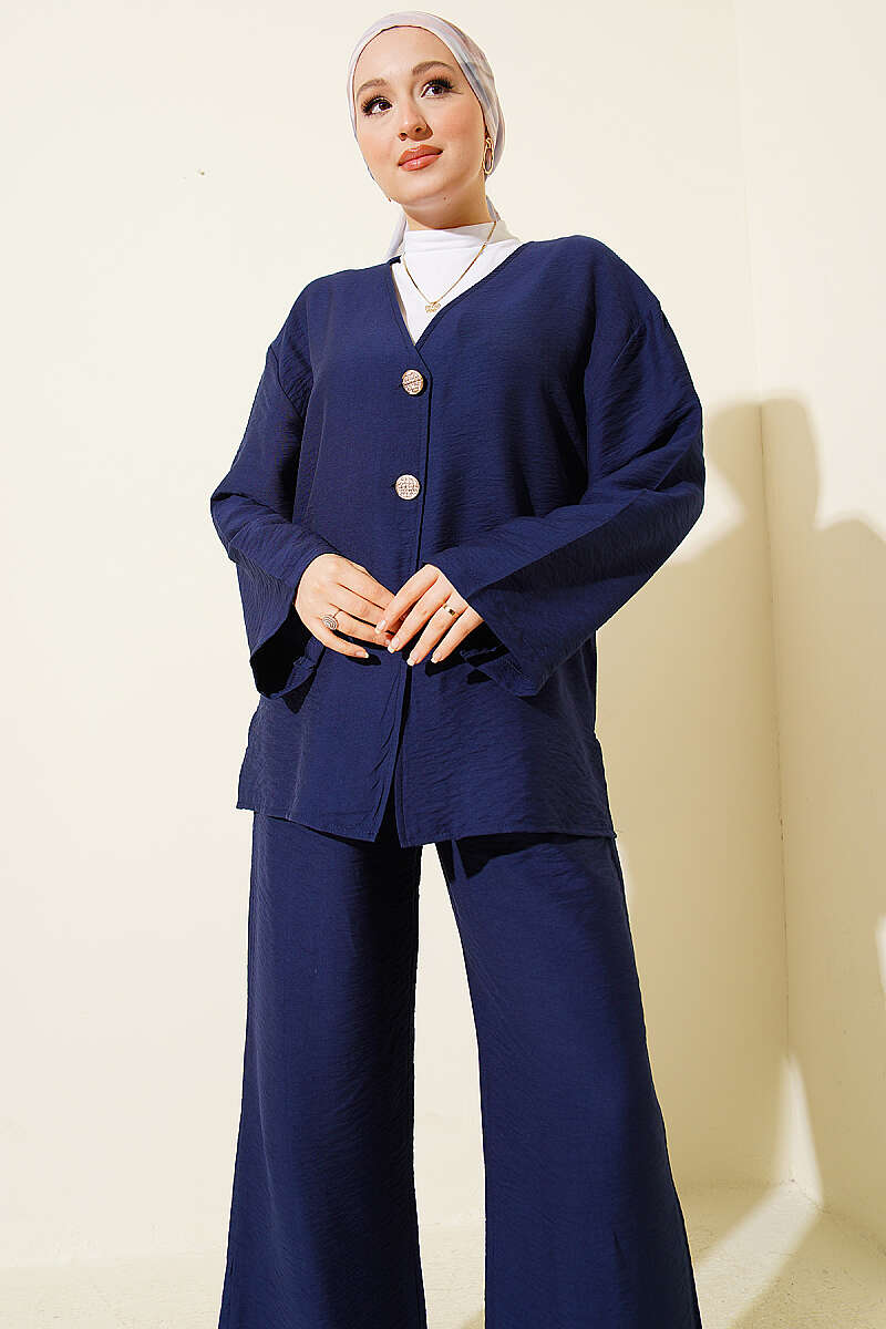 Double-Button Kimono Two-Piece Set - Navy