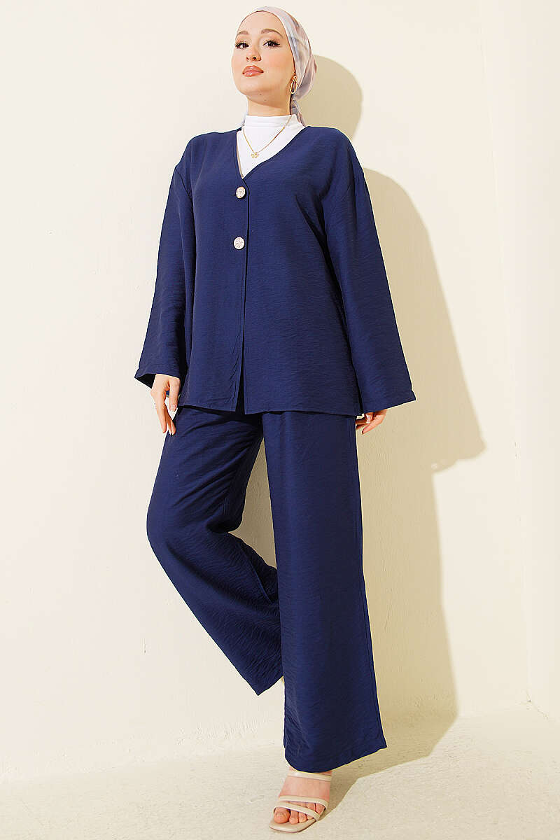 Double-Button Kimono Two-Piece Set - Navy