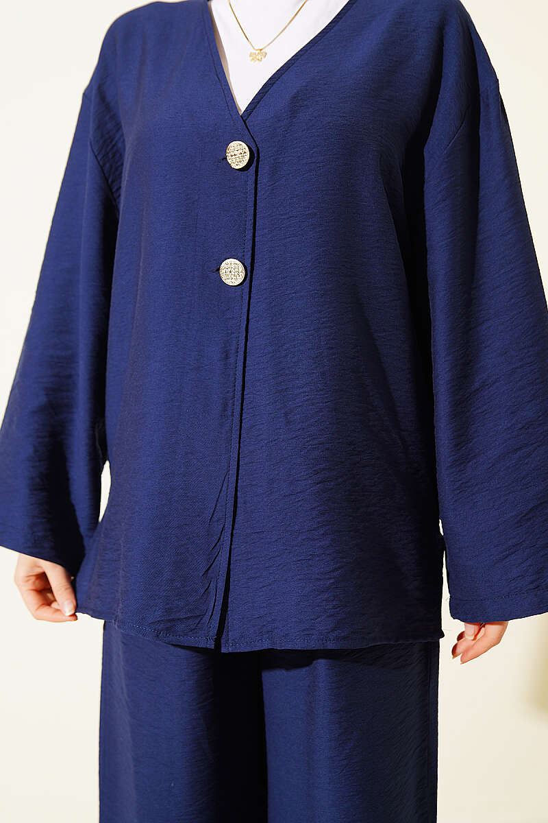 Double-Button Kimono Two-Piece Set - Navy
