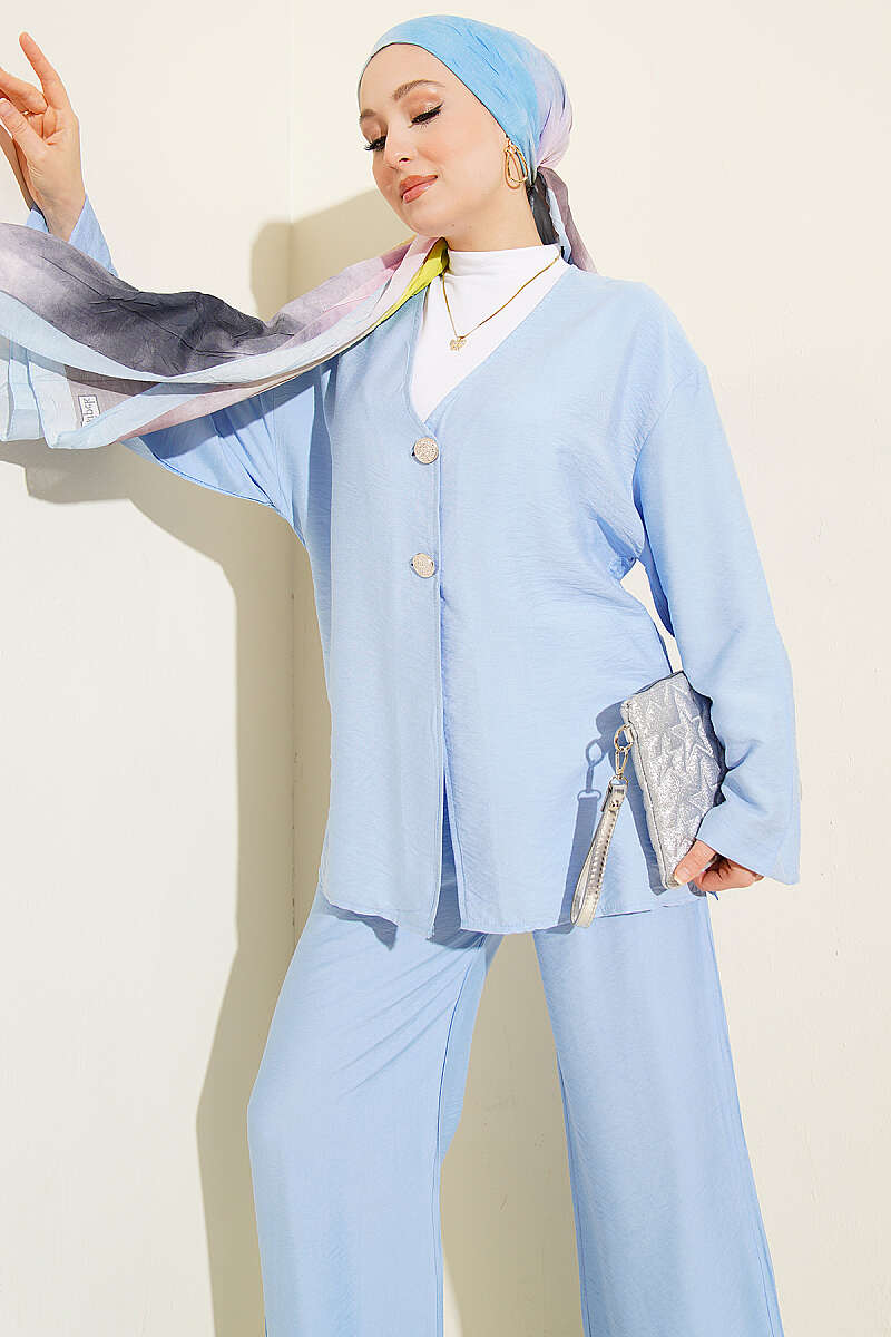Double-Button Kimono Two-Piece Set - Blue