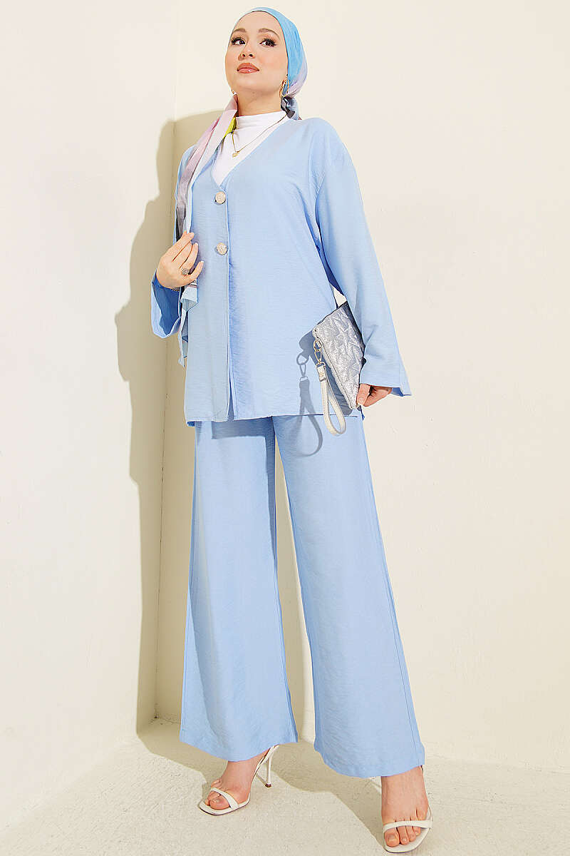 Double-Button Kimono Two-Piece Set - Blue
