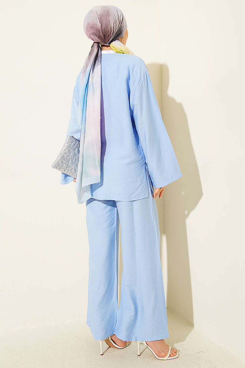Double-Button Kimono Two-Piece Set - Blue