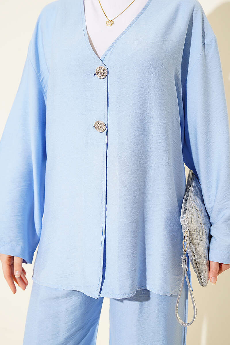Double-Button Kimono Two-Piece Set - Blue