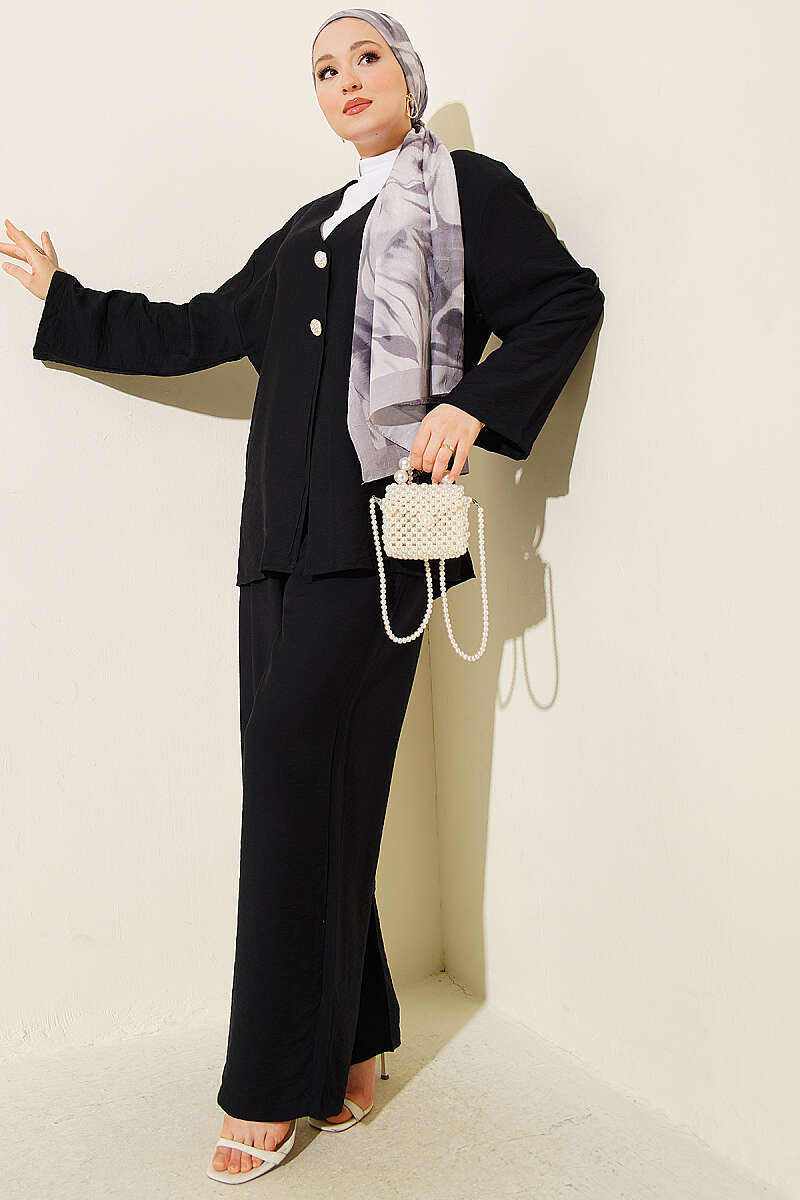 Double-Button Kimono Two-Piece Set - Black