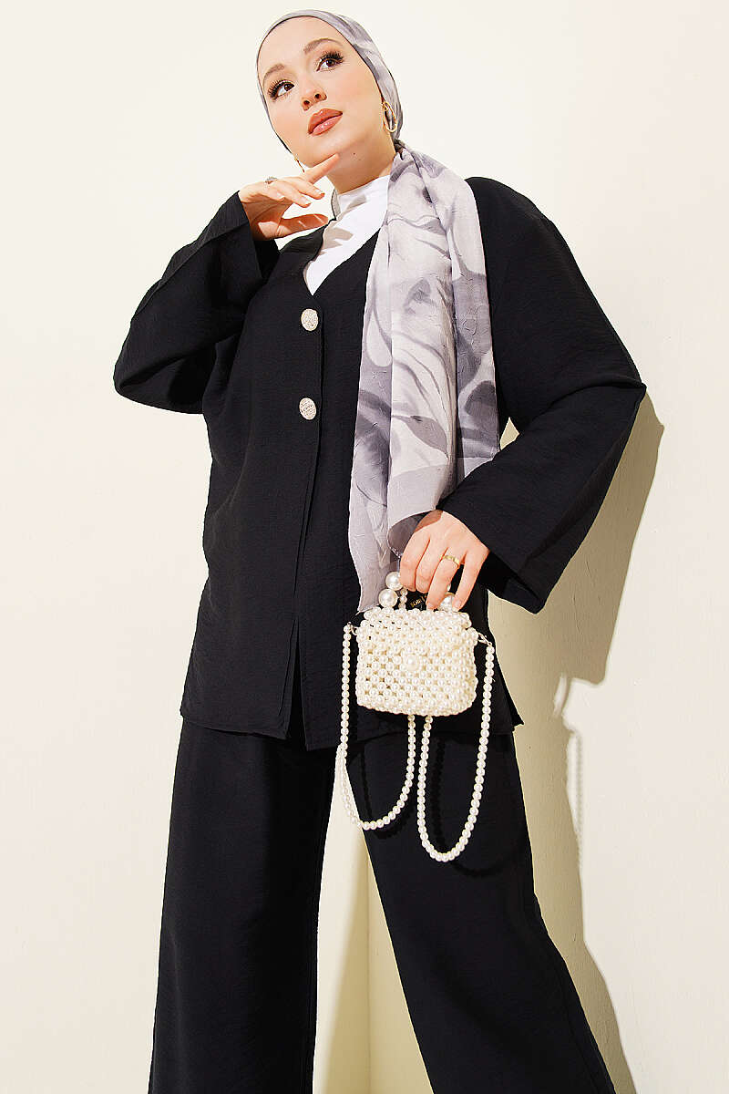 Double-Button Kimono Two-Piece Set - Black