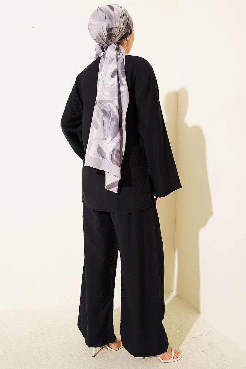 Double-Button Kimono Two-Piece Set - Black
