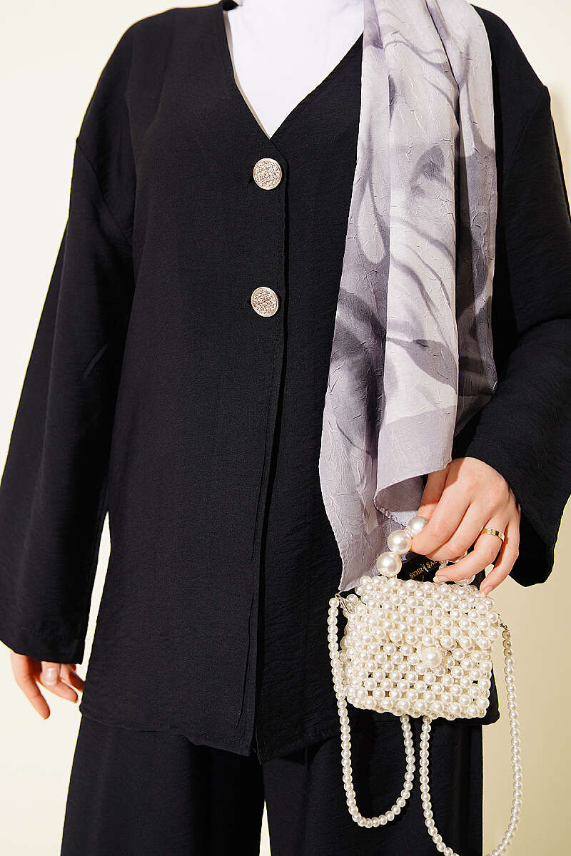 Double-Button Kimono Two-Piece Set - Black