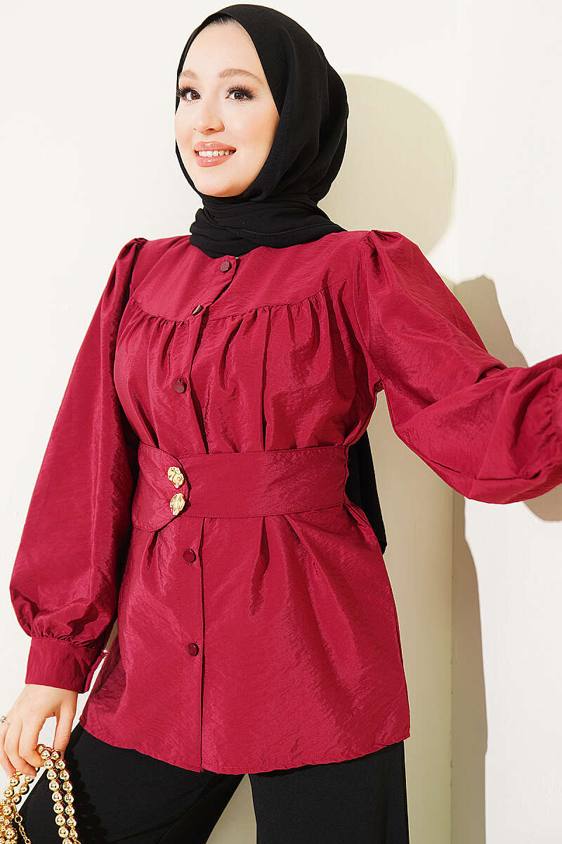 Belted Shirt with Double Buttons - Burgundy