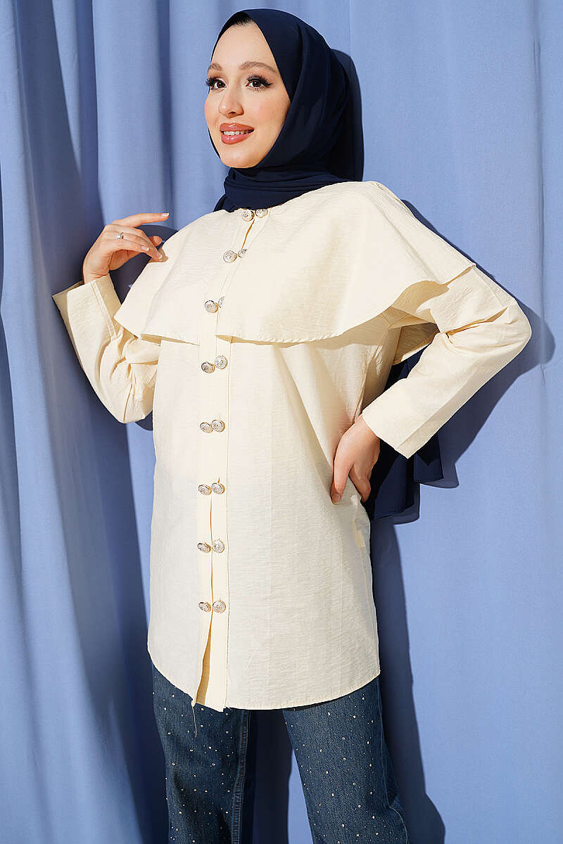Double-Button Shirt with Shoulder Cape - Beige