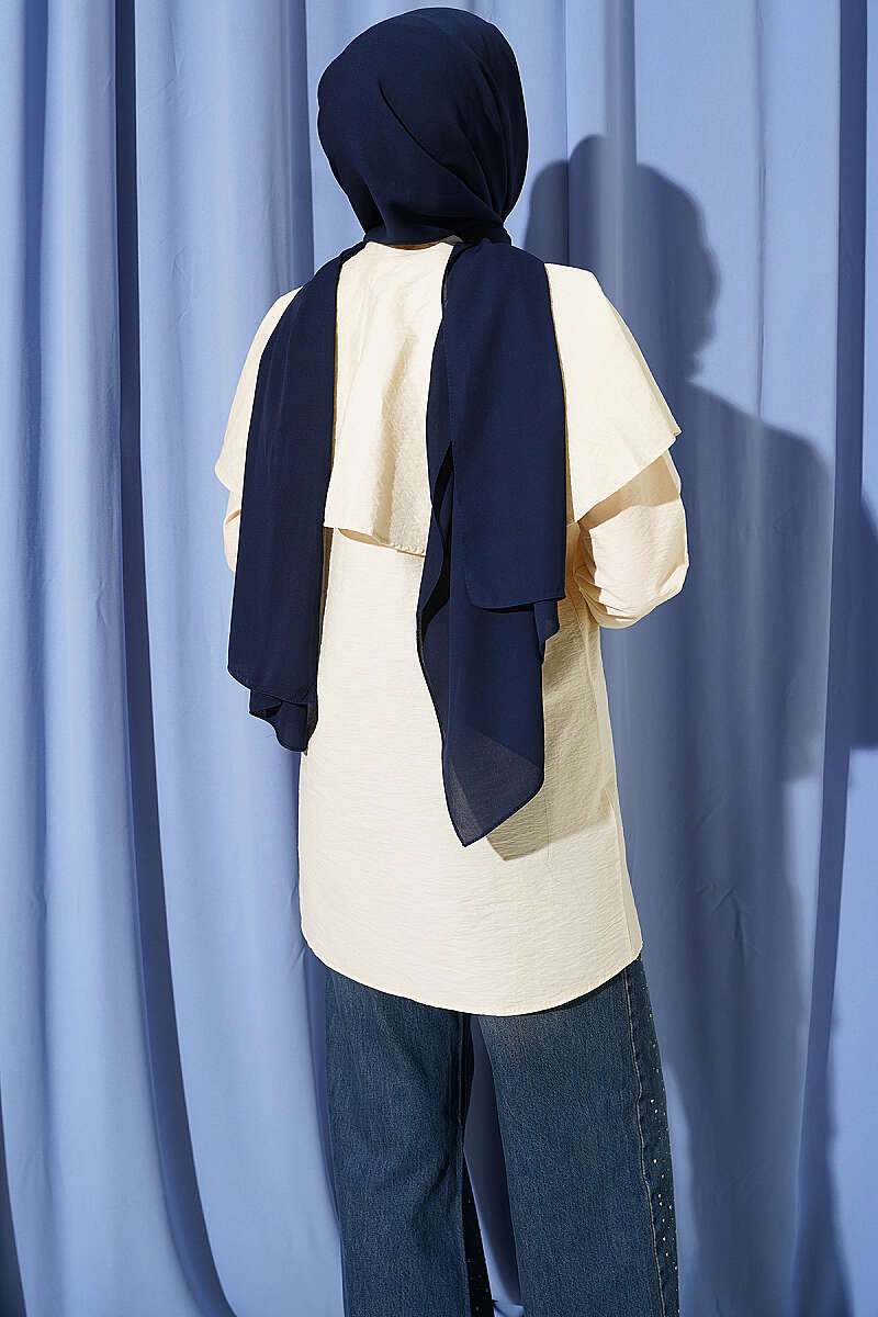 Double-Button Shirt with Shoulder Cape - Beige