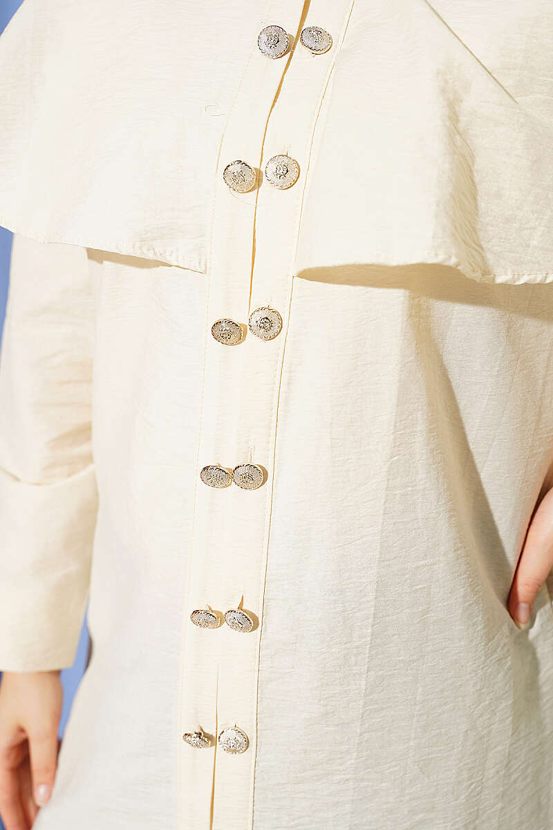 Double-Button Shirt with Shoulder Cape - Beige