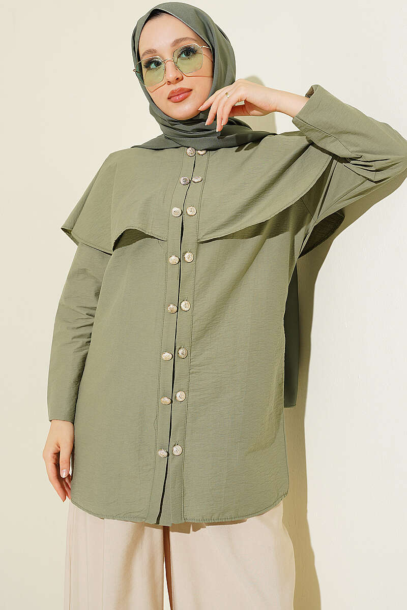 Double-Button Shirt with Shoulder Cape - Khaki
