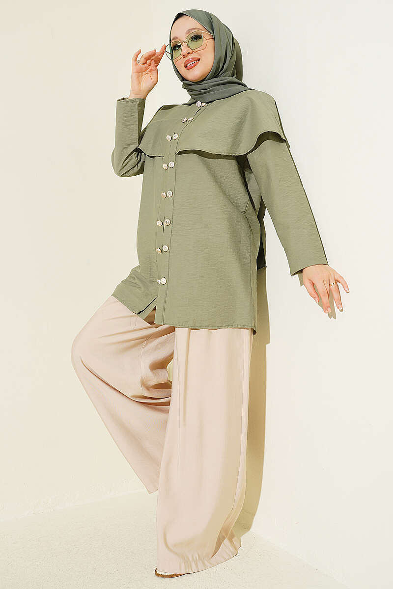 Double-Button Shirt with Shoulder Cape - Khaki