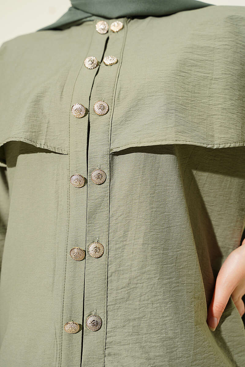Double-Button Shirt with Shoulder Cape - Khaki