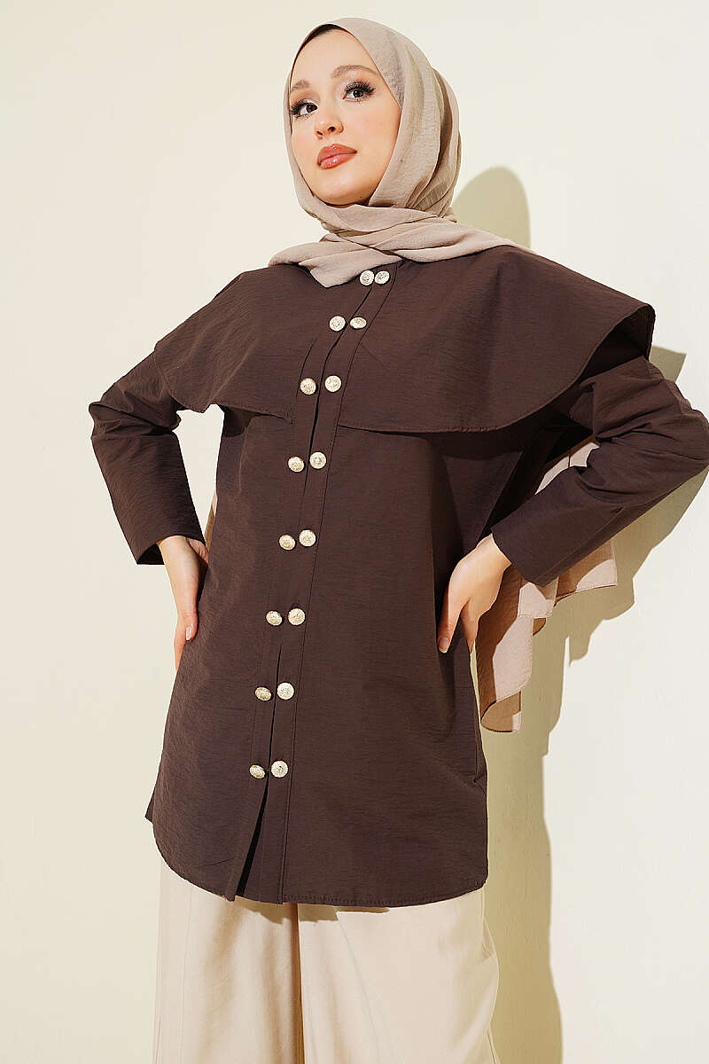 Double-Button Shirt with Shoulder Cape - Brown