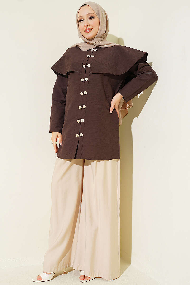 Double-Button Shirt with Shoulder Cape - Brown