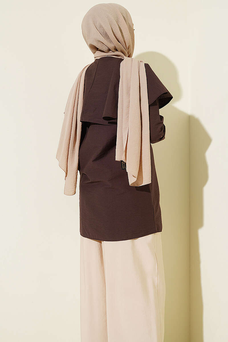 Double-Button Shirt with Shoulder Cape - Brown