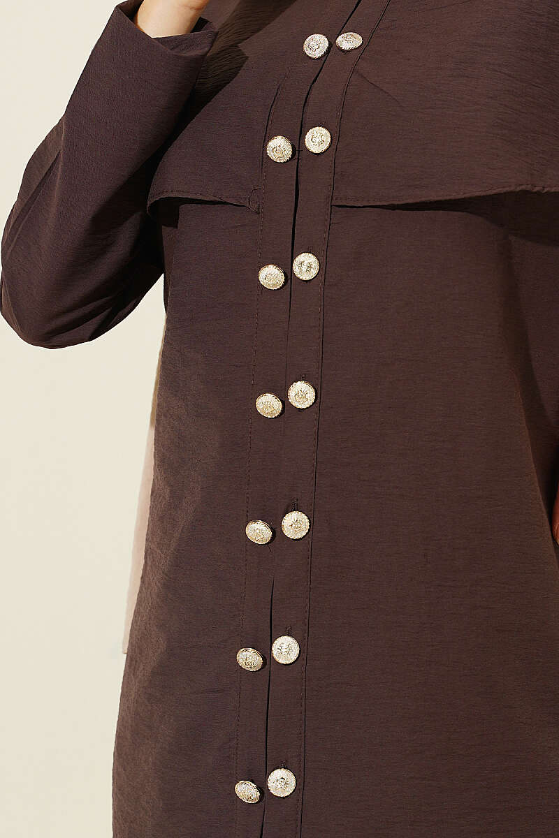 Double-Button Shirt with Shoulder Cape - Brown