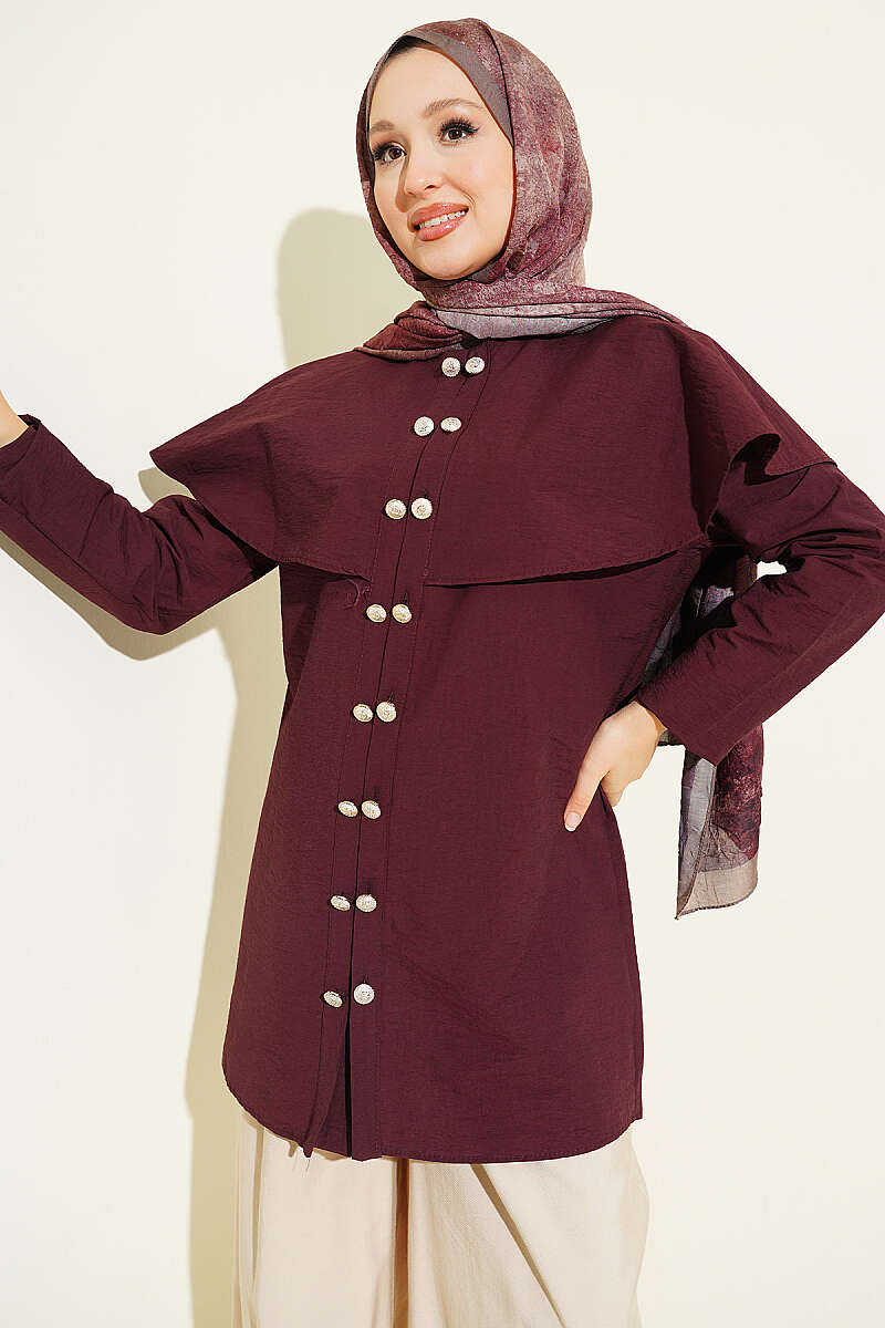 Double-Button Shirt with Shoulder Cape - Plum