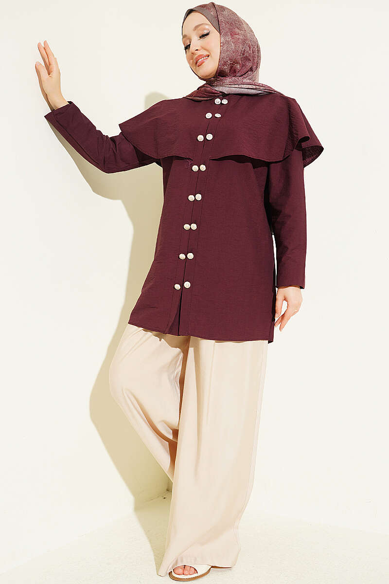Double-Button Shirt with Shoulder Cape - Plum