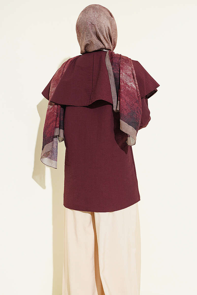 Double-Button Shirt with Shoulder Cape - Plum