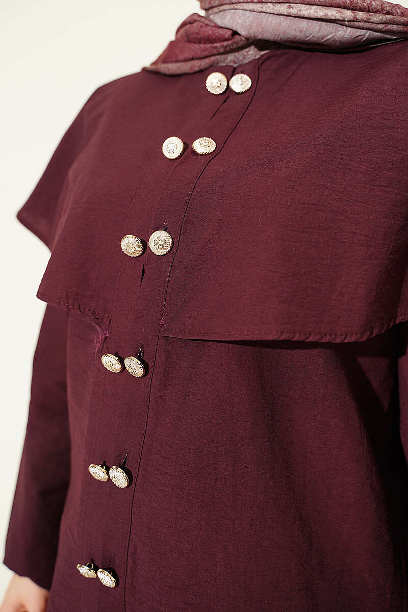 Double-Button Shirt with Shoulder Cape - Plum