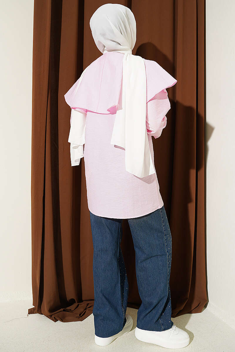 Double-Button Shirt with Shoulder Cape - Pink