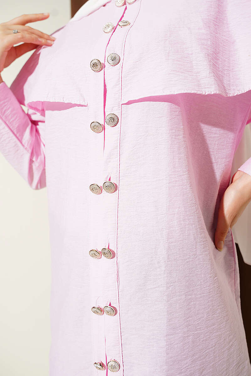 Double-Button Shirt with Shoulder Cape - Pink