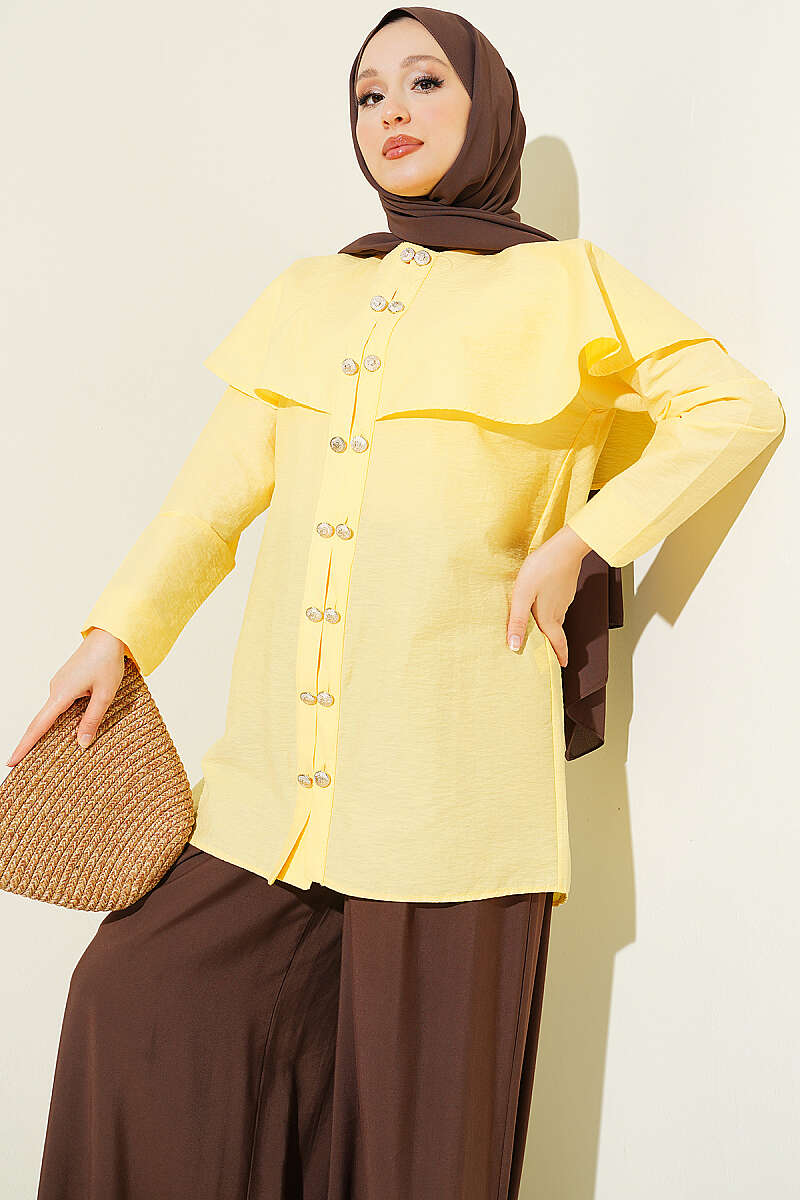 Double-Button Shirt with Shoulder Cape - Yellow