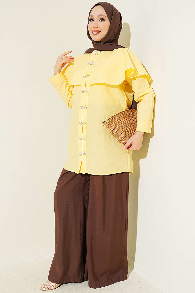 Double-Button Shirt with Shoulder Cape - Yellow