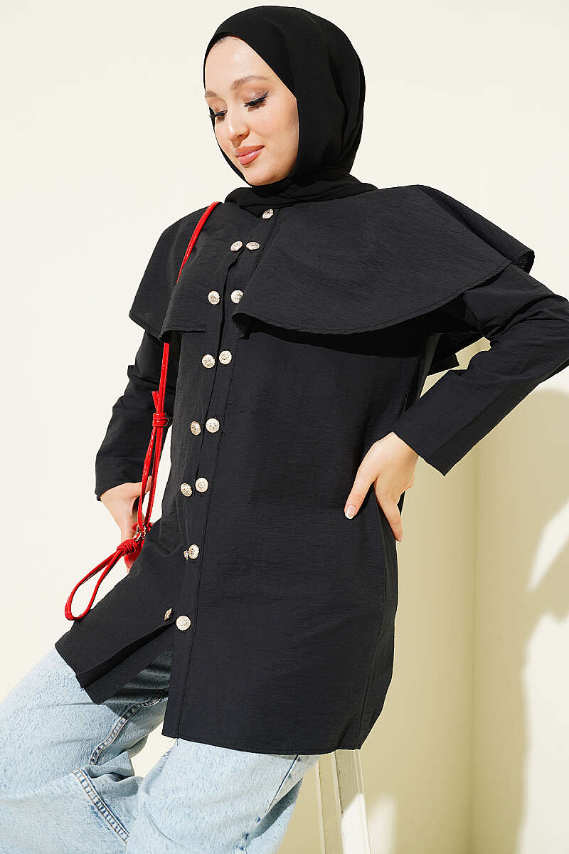 Double-Button Shirt with Shoulder Cape - Black