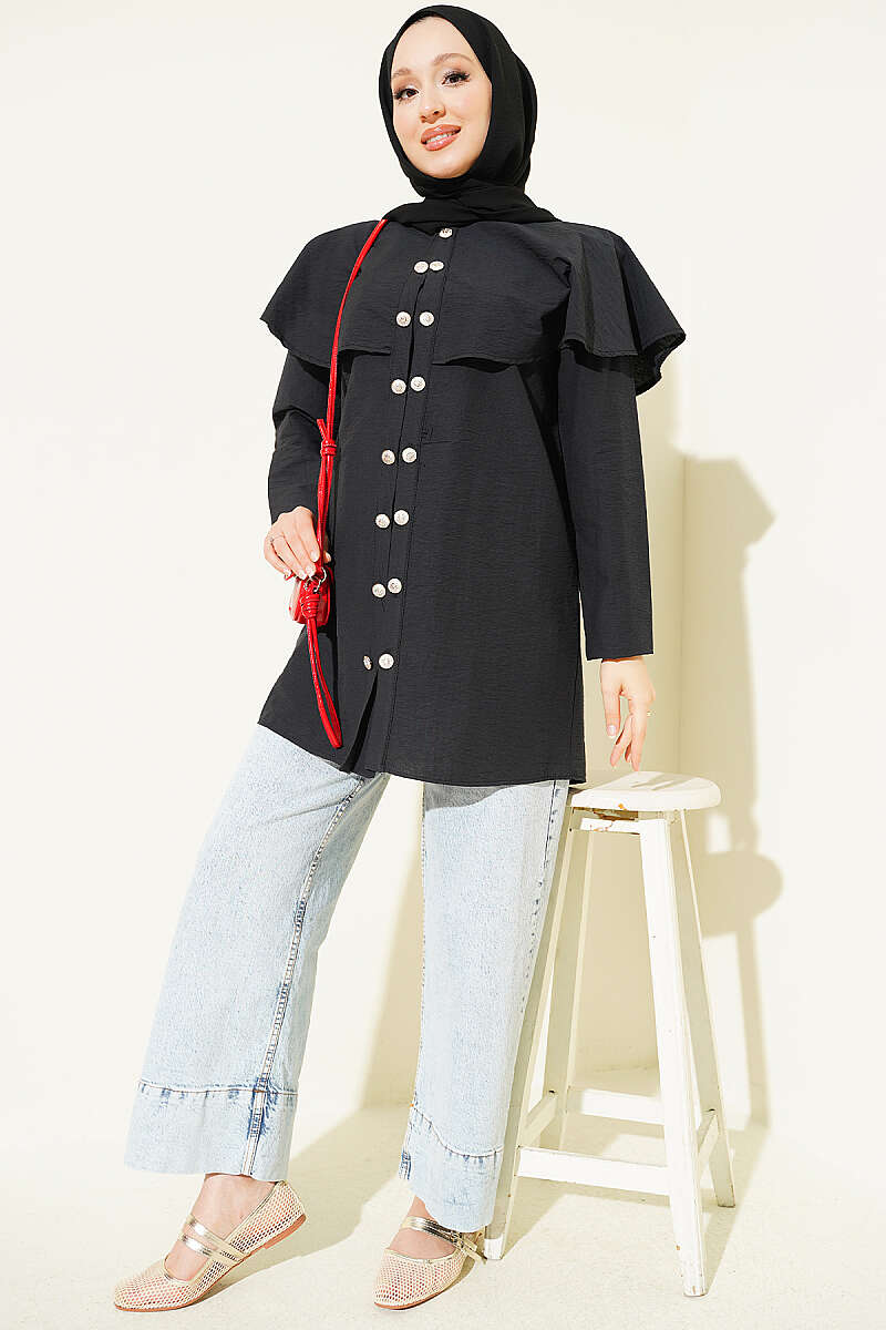 Double-Button Shirt with Shoulder Cape - Black