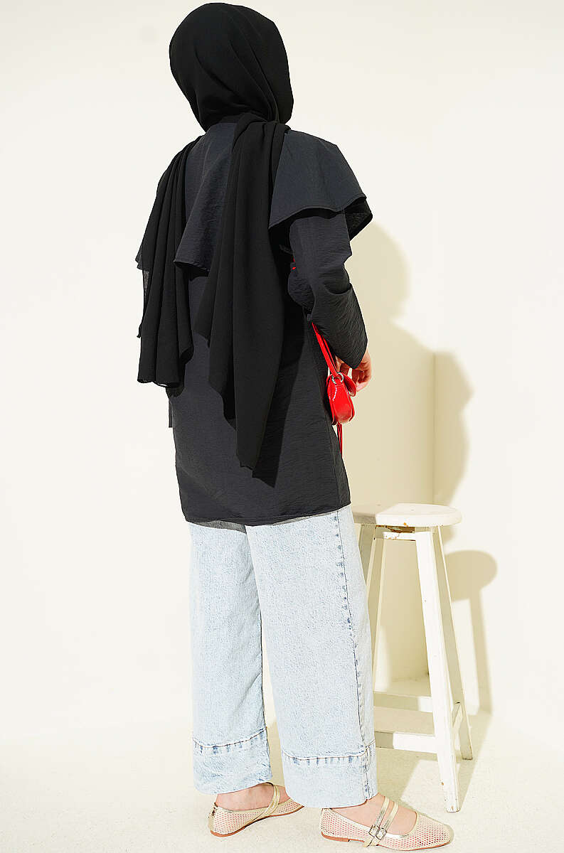 Double-Button Shirt with Shoulder Cape - Black