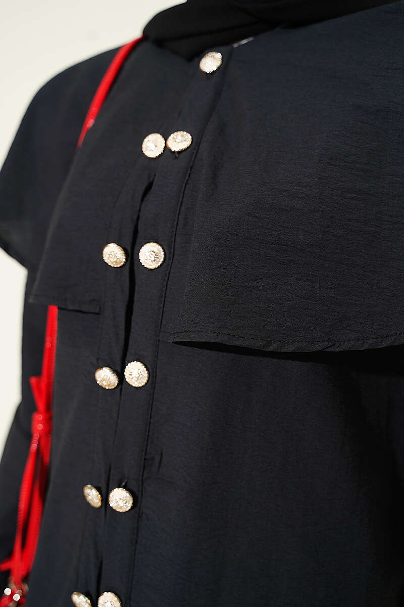 Double-Button Shirt with Shoulder Cape - Black