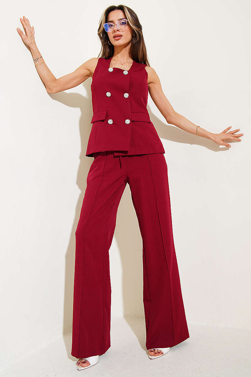 Double-Button Vest Two-Piece Set - Burgundy