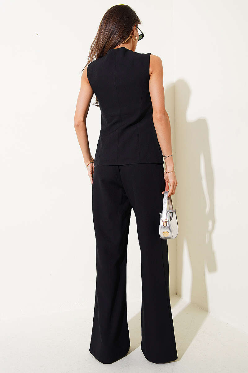 Double-Button Vest Two-Piece Set - Black
