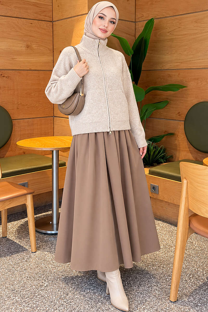 Stand-Collar Knit Cardigan with Double Zip - Beige