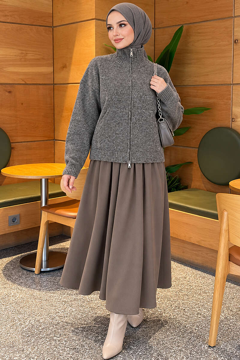 Stand-Collar Knit Cardigan with Double Zip - Smoke Grey