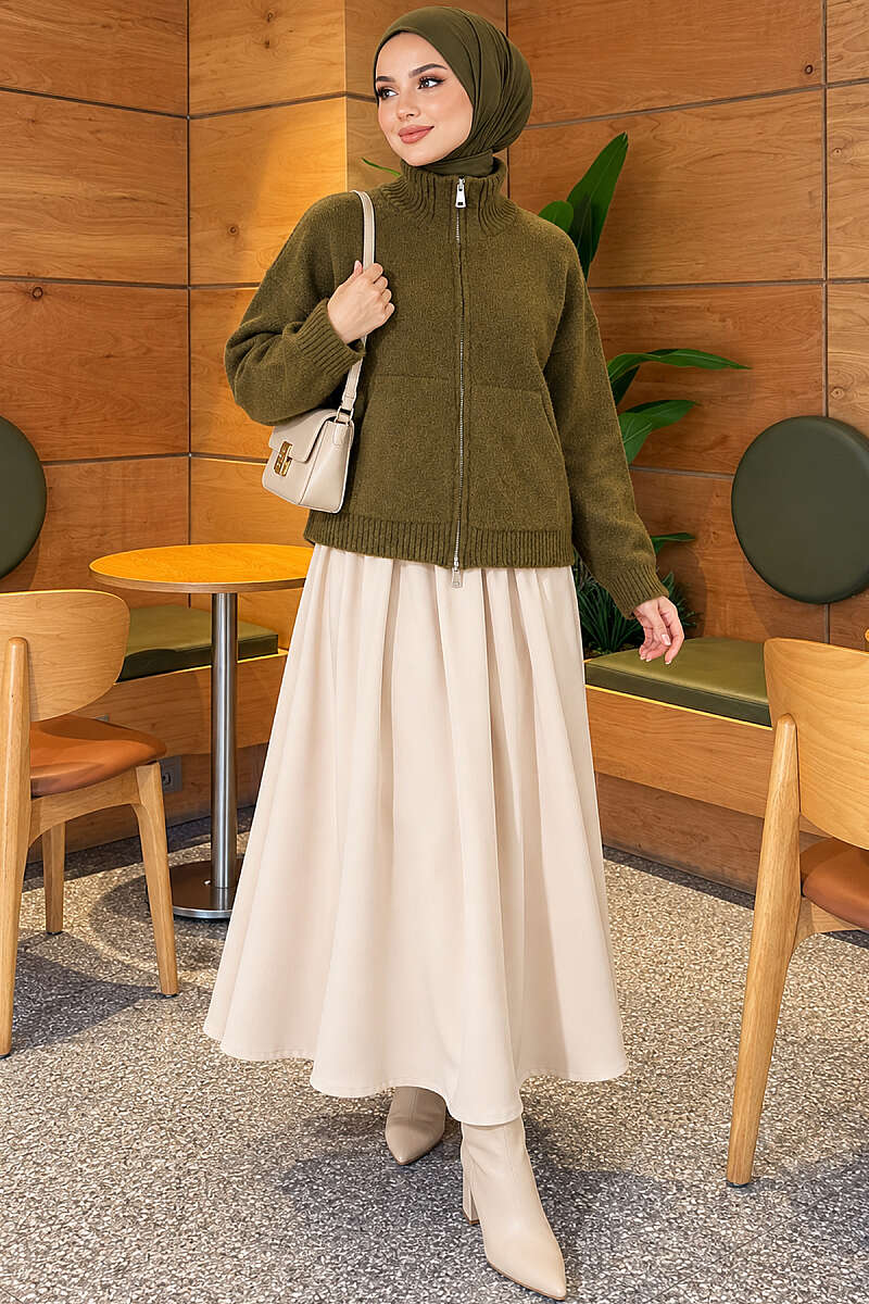 Stand-Collar Knit Cardigan with Double Zip - Khaki