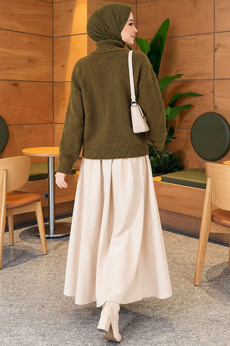 Stand-Collar Knit Cardigan with Double Zip - Khaki