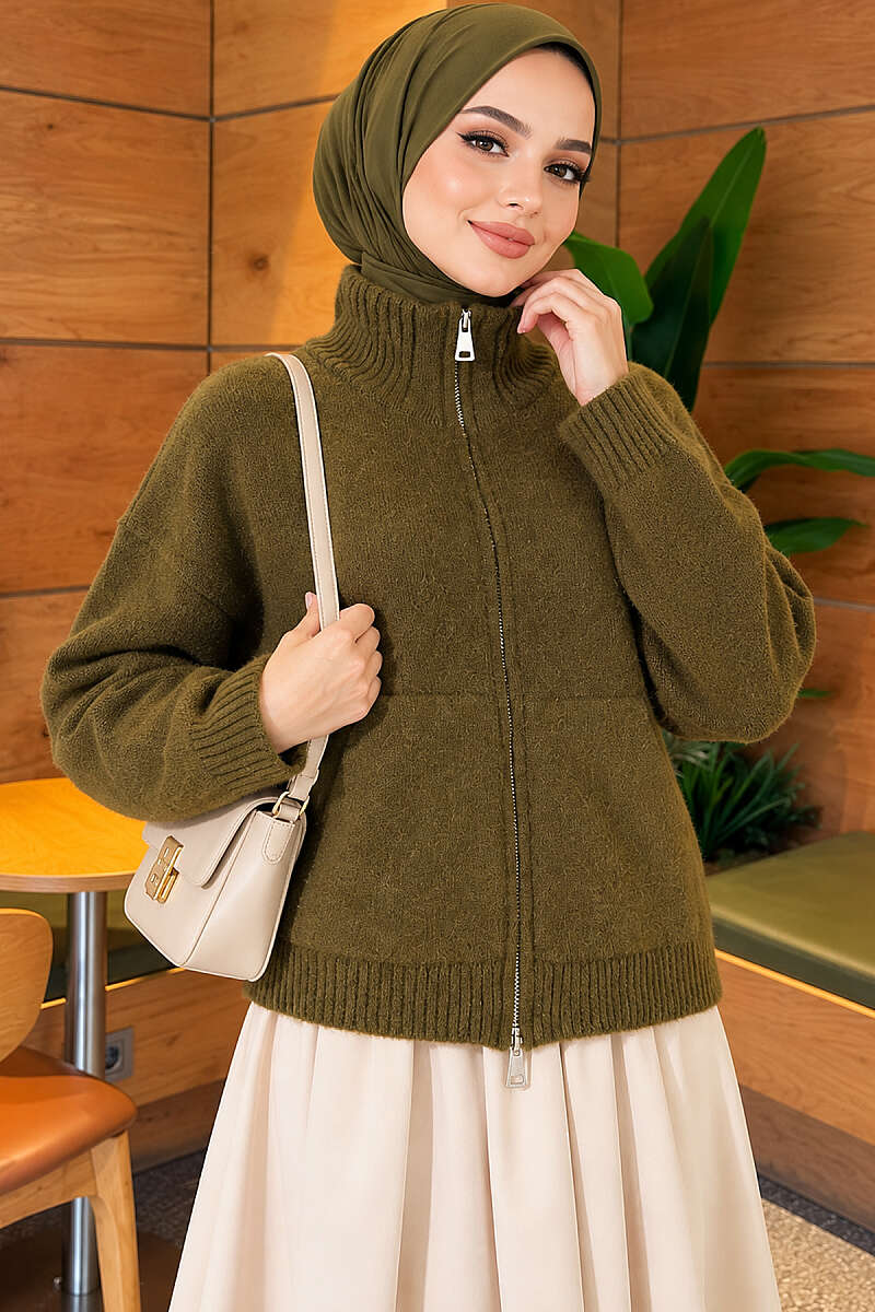 Stand-Collar Knit Cardigan with Double Zip - Khaki