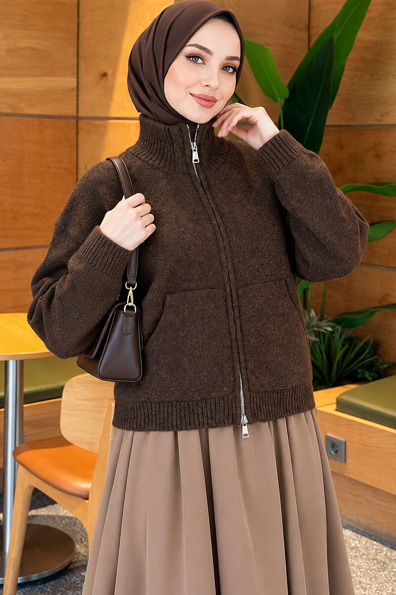 Stand-Collar Knit Cardigan with Double Zip - Brown