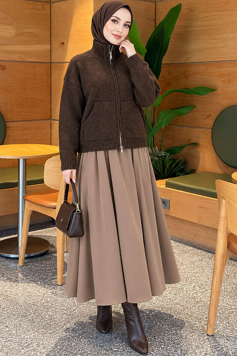 Stand-Collar Knit Cardigan with Double Zip - Brown