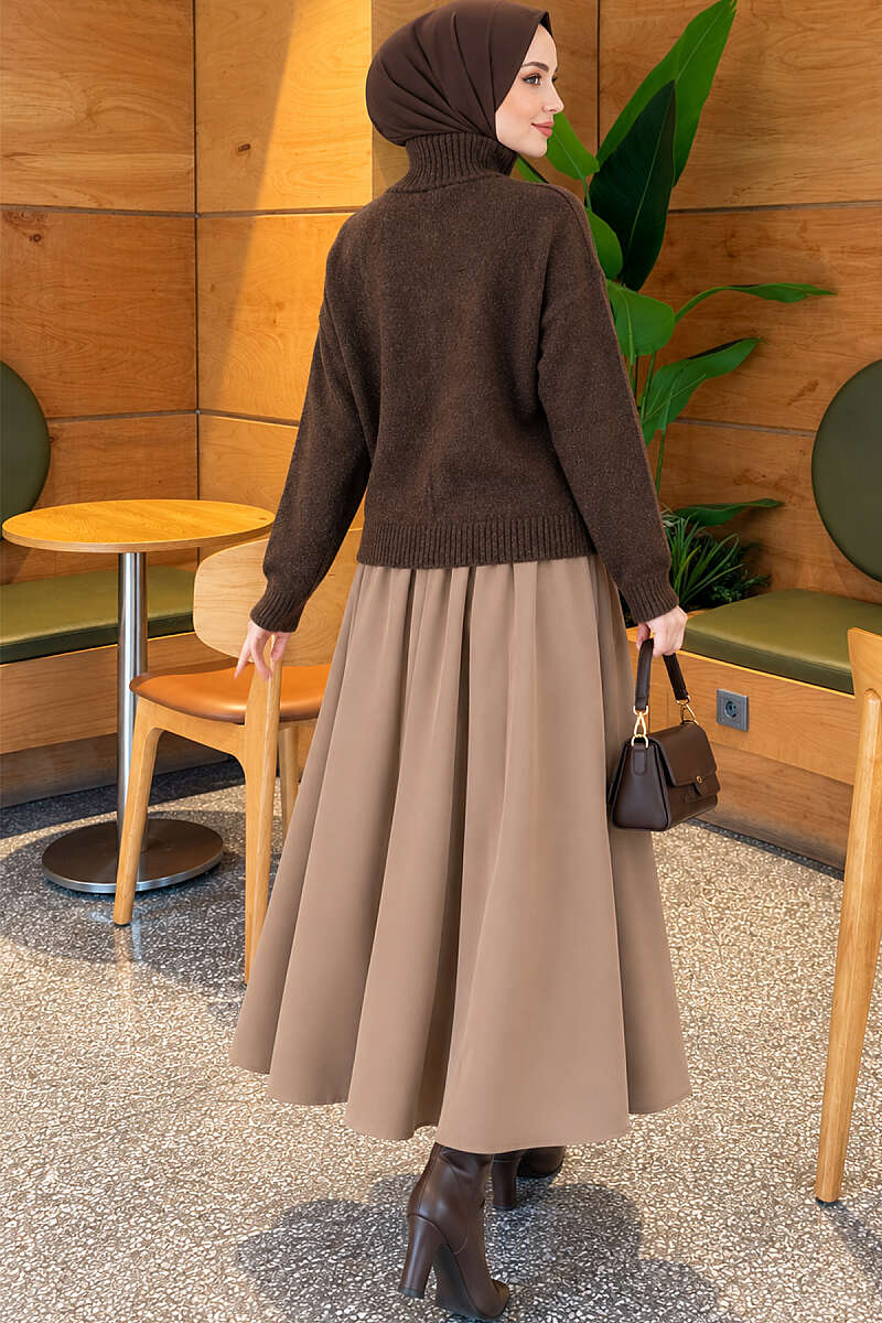 Stand-Collar Knit Cardigan with Double Zip - Brown
