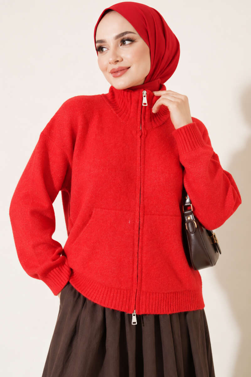 Stand-Collar Knit Cardigan with Double Zip - Red