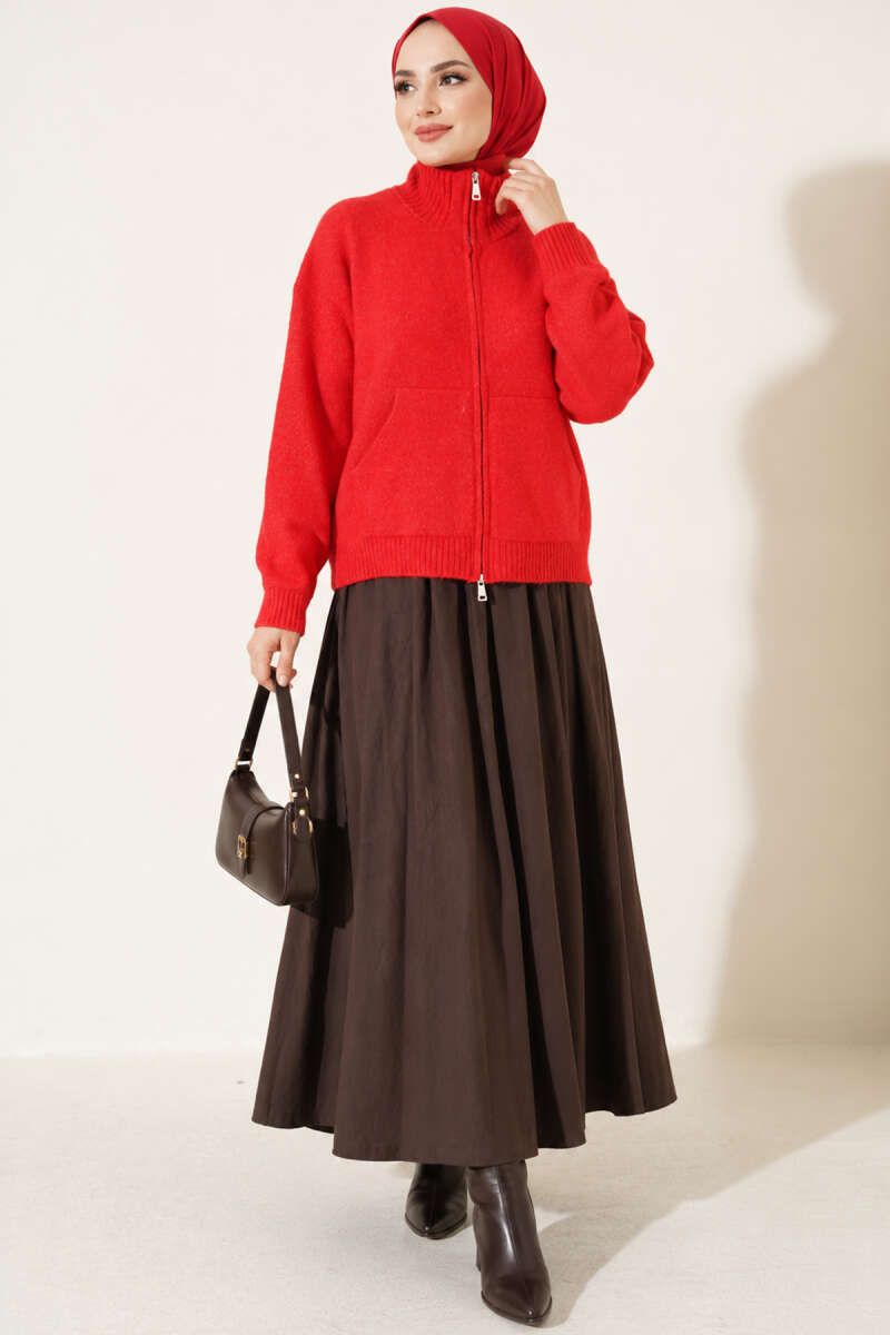 Stand-Collar Knit Cardigan with Double Zip - Red